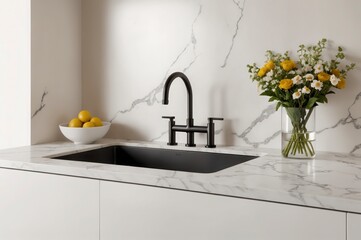 A black sink with a yellow faucet sits on a white marble countertop. A bowl of lemons sits on the counter next to the sink