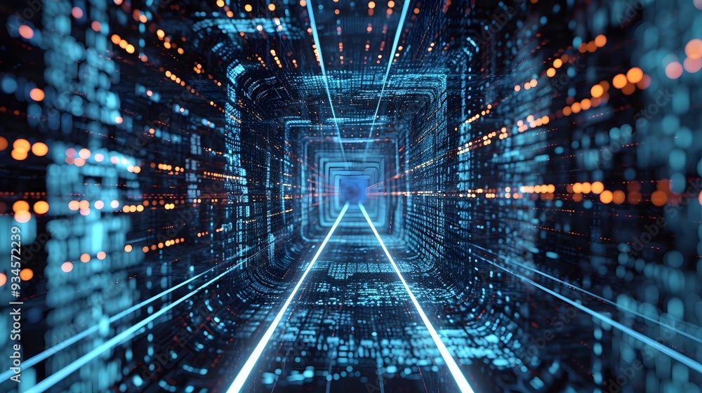 Poster create a surreal digital environment filled with data patterns and algorithms symbolizing data minin
