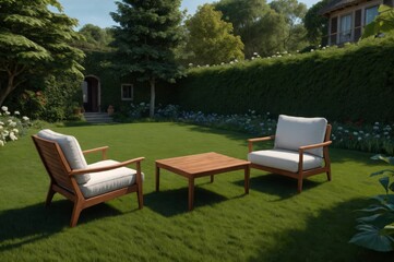 Fototapeta premium A wooden bench and two chairs are placed in a grassy area. The chairs are facing each other and the bench is in between them. The scene is peaceful and inviting, with the chairs