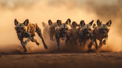 African Wild Dogs Running in the Dust at Sunset.