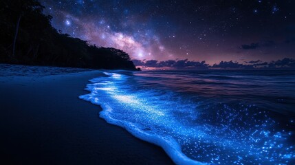 Bioluminescent Waves Crashing on the Beach Under a Starry Night Sky.