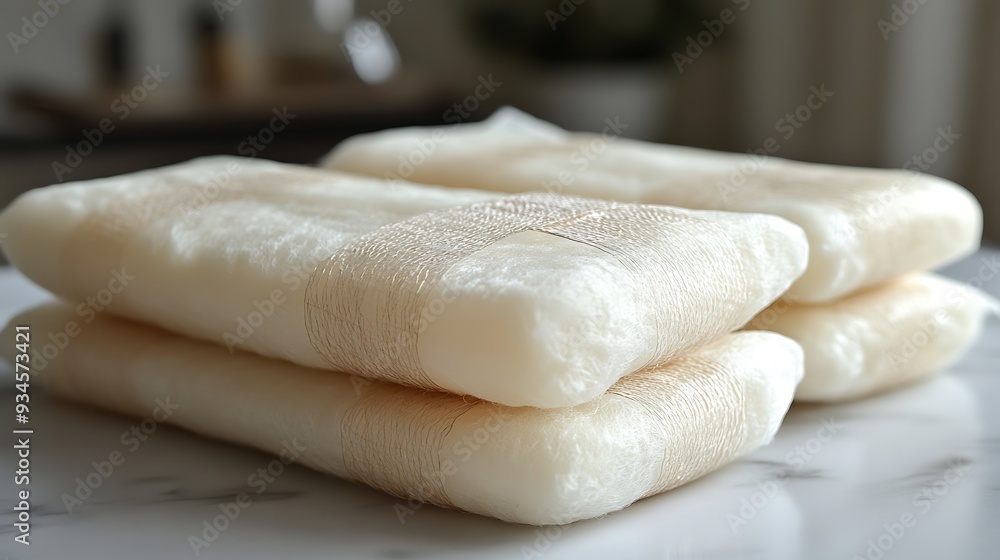Aufkleber stack of four white rectangular objects wrapped in beige twine on a white marble surface.