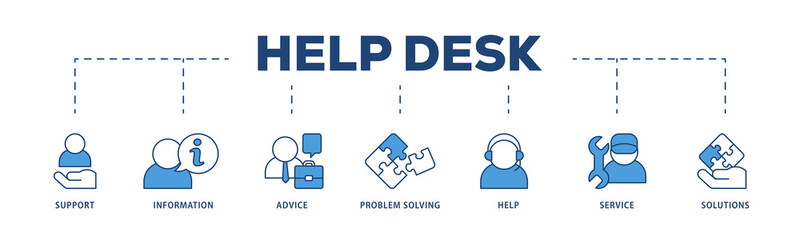 Help desk icons process structure web banner illustration of support, information, advice, problem solving, help, service and solutions icon png transparent background.