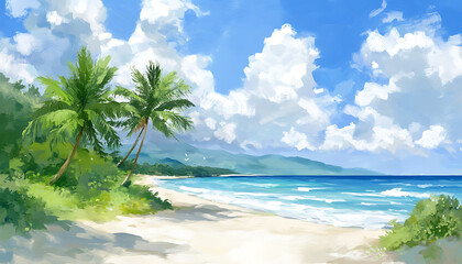 Obraz premium Tranquil tropical beach scene with palm trees, white sand, and turquoise water under a blue sky with fluffy clouds.