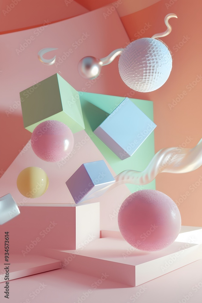 Aufkleber cute 3d objects floating in a pastel abstract space ai generated illustration