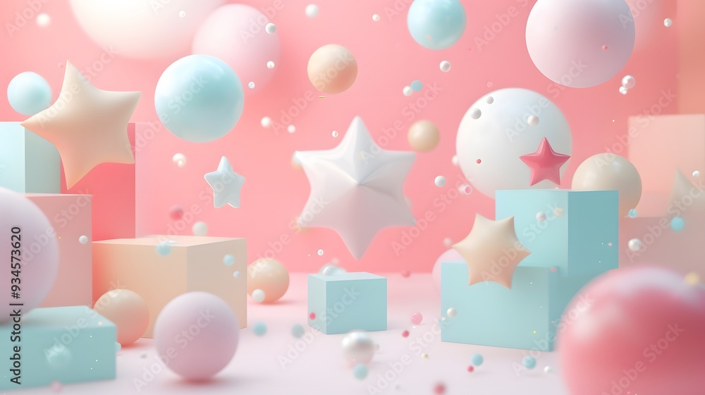 Poster cute 3d objects floating in a pastel abstract space ai generated illustration