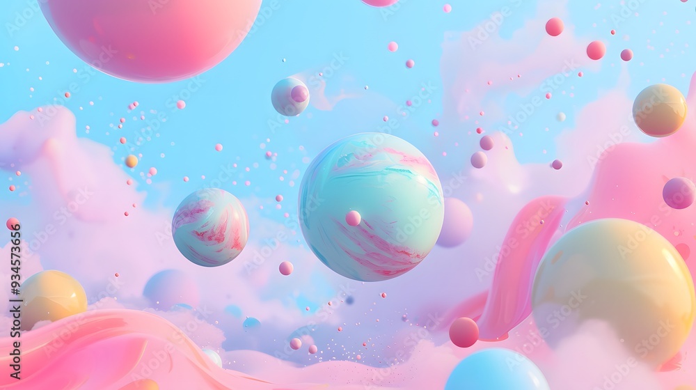 Poster cute 3d objects floating in a pastel abstract space ai generated illustration