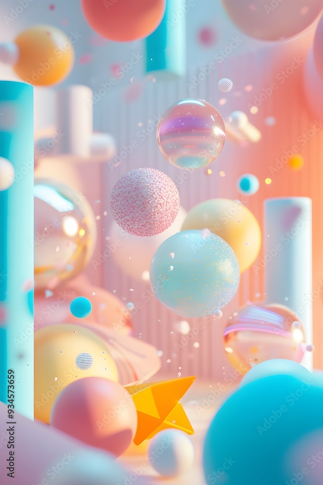 Aufkleber cute 3d objects floating in a pastel abstract space ai generated illustration