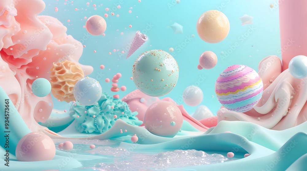 Poster cute 3d objects floating in a pastel abstract space ai generated illustration