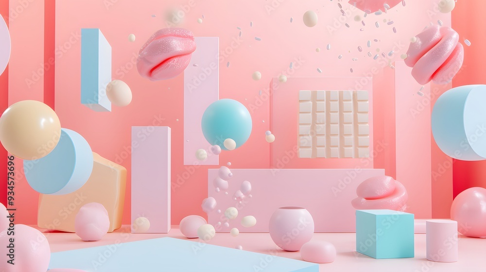 Aufkleber cute 3d objects floating in a pastel abstract space ai generated illustration
