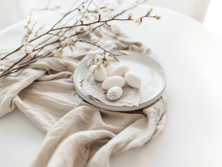 Minimalist Easter Table Setting with Willow Branches and Eggs