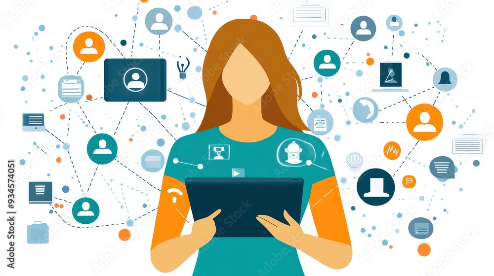 Aufkleber digital b2b networking: woman using tablet surrounded by people icons and network lines - flat desig