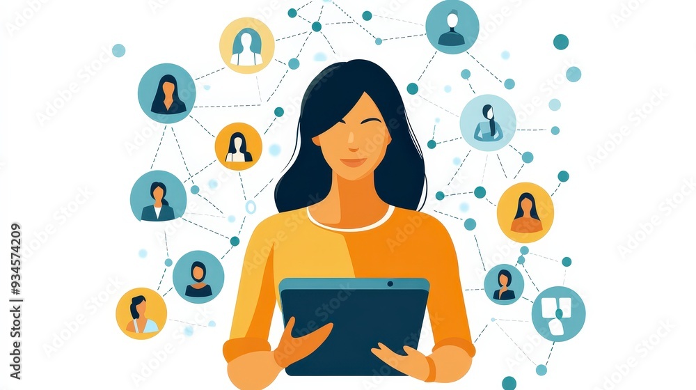 Aufkleber businesswoman utilizing tablet for b2b networking with people icons and network lines in flat design