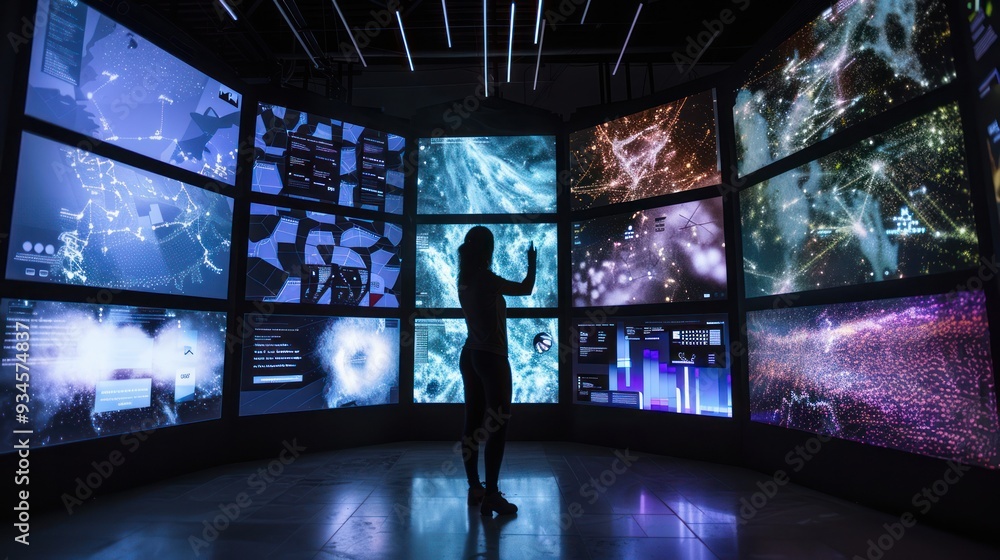 Poster a silhouette figure in a room full of screens showing data and visualizations