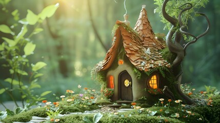 Fototapeta premium Cute miniature fairy house in a 3D abstract setting AI generated illustration