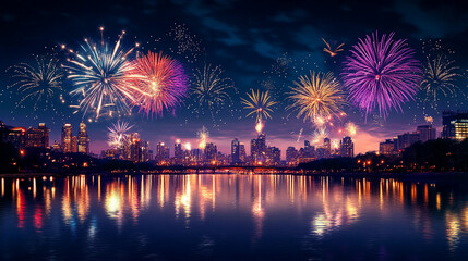 Fototapeta premium Glittering Midnight Fireworks new years background