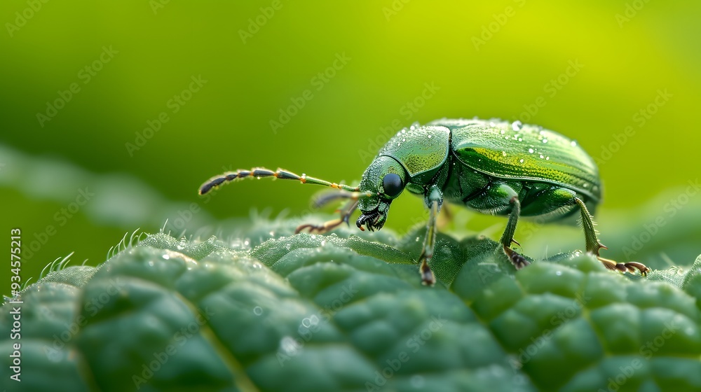 Poster cute shiny beetle crawling on a leaf in a macro shot within a minimal setting ai generated illustrat