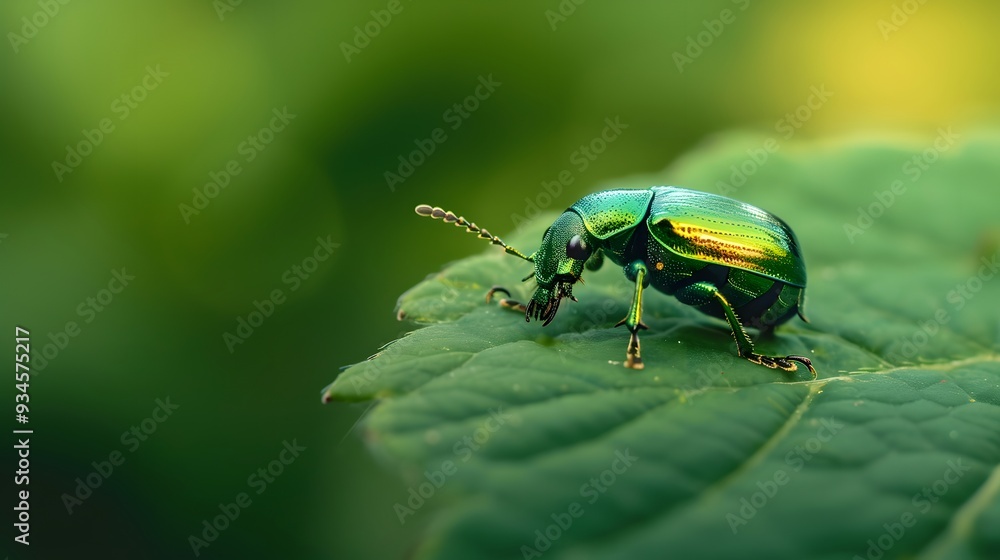 Poster cute shiny beetle crawling on a leaf in a macro shot within a minimal setting ai generated illustrat