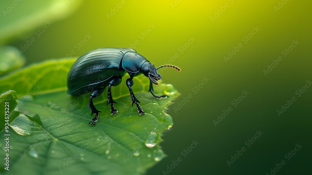 Poster cute shiny beetle crawling on a leaf in a macro shot within a minimal setting ai generated illustrat