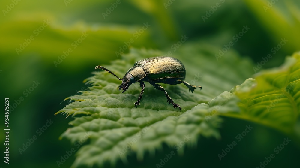 Poster cute shiny beetle crawling on a leaf in a macro shot within a minimal setting ai generated illustrat