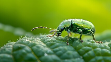 Naklejka premium Cute shiny beetle crawling on a leaf in a macro shot within a minimal setting AI generated illustration