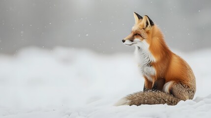 Fototapeta premium Cute small fox sitting in snow against a minimalist scenic backdrop AI generated illustration