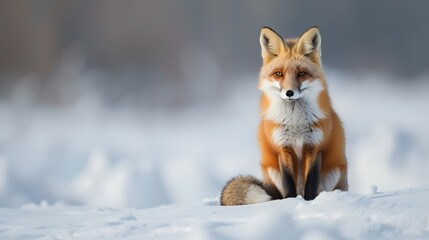 Cute small fox sitting in snow against a minimalist scenic backdrop  AI generated illustration