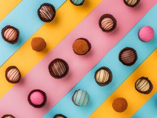Colorful Chocolate Truffles on Vibrant Pastel Background