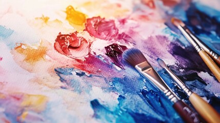 Obraz premium Watercolor illustration of a flower shaped design with a palette and brushes