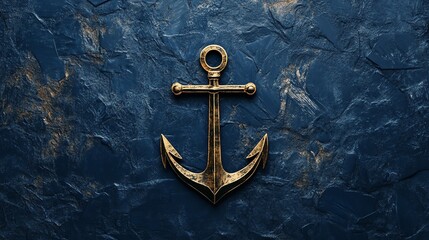 An old, blue anchor against a deep blue wall.