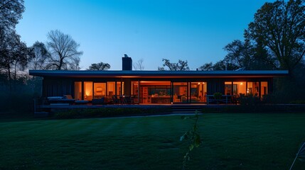 Deep blues of twilight enveloping a quiet modern house  AI generated illustration