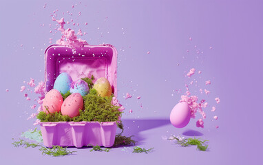 Vibrant Pastel Easter Eggs in Pink Carton with Moss - Powered by Adobe