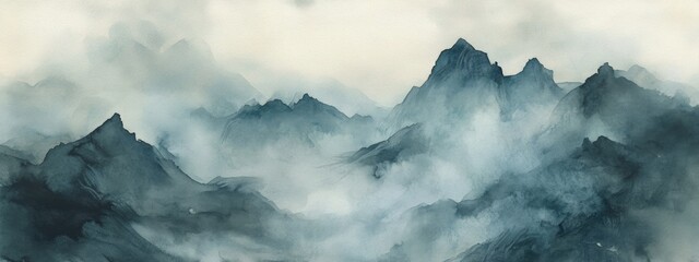 Obraz premium Watercolor illustration of a hand drawn abstract landscape featuring fog covered mountains and sky