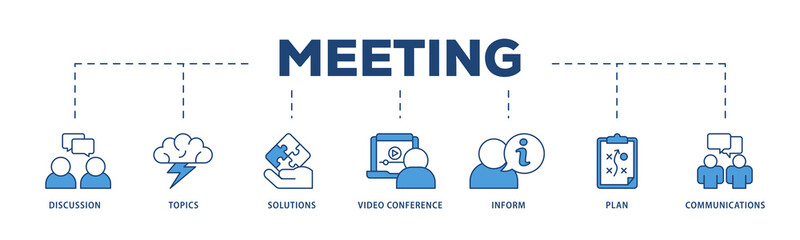 Meeting icons process structure web banner illustration of communications, topics, solutions, plan, inform and video conference  icon png transparent background.