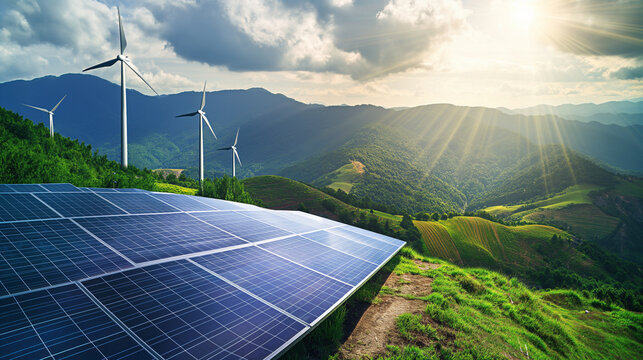 Solar panels and wind turbines in a green field. Renewable energy sources like solar panels and wind turbines are key to sustainable energy solutions. Green energy background