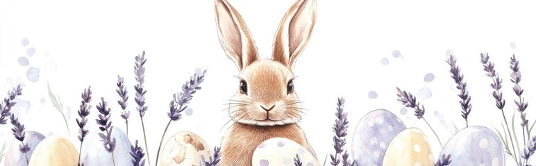Fototapeta premium Watercolor illustration of a decorative festive Easter theme featuring an Easter bunny and lavender branches