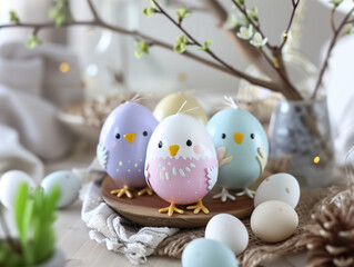 Obraz premium Adorable Easter Eggs Painted As Baby Chicks In Pastel Colors