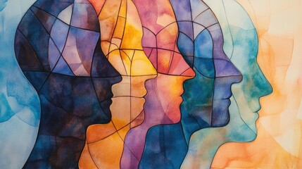 Watercolor illustration from the Thinking Divided series Artistic composition of human profiles and stained glass lines symbolizing concepts related to the mind science technology and education