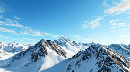 Majestic mountain range with snow-capped peaks and clear blue sky above. Majestic Mountain Range