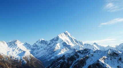 Majestic mountain range with snow-capped peaks and clear blue sky above. Majestic Mountain Range