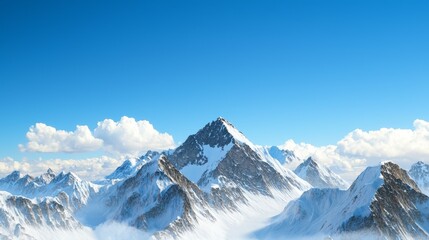 Majestic mountain range with snow-capped peaks and clear blue sky above. Majestic Mountain Range