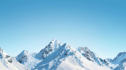 Fototapeta premium Majestic mountain range with snow-capped peaks and clear blue sky above. Majestic Mountain Range