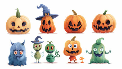 Cute Spooky Set of Halloween Monsters and Characters in Cartoon Style - Digital Art on White Background