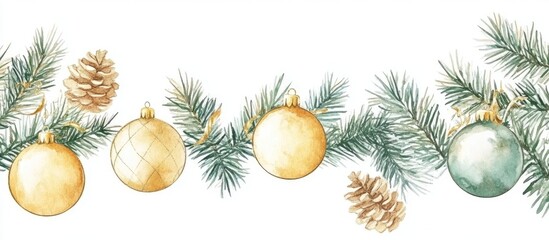 Watercolor golden Christmas frames for holiday greeting cards Pine tree and festive decorations for packaging web design and gift tags Green and gold watercolor Christmas ornaments Golden baubles f