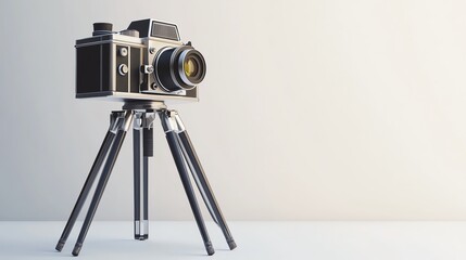 An old film camera on a tripod.