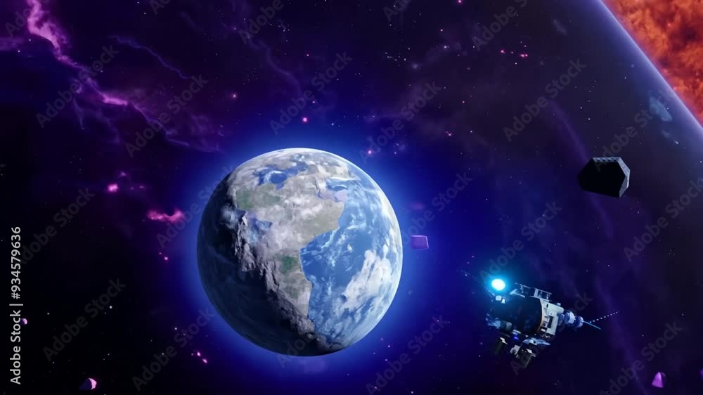 Poster space exploration view of earth with spacecraft and distant planet generative ai