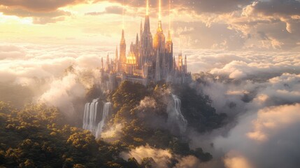 Majestic Fantasy Castle in the Clouds at Sunset with Waterfall