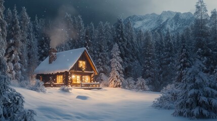 Cozy Cabin in the Snowy Forest at Night with Stars and Mountains.