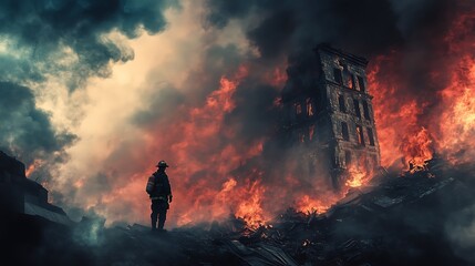 Obraz premium Firefighter Facing the Blaze