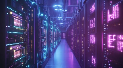 Obraz premium Futuristic Data Center with Neon Lights and Glowing Servers.